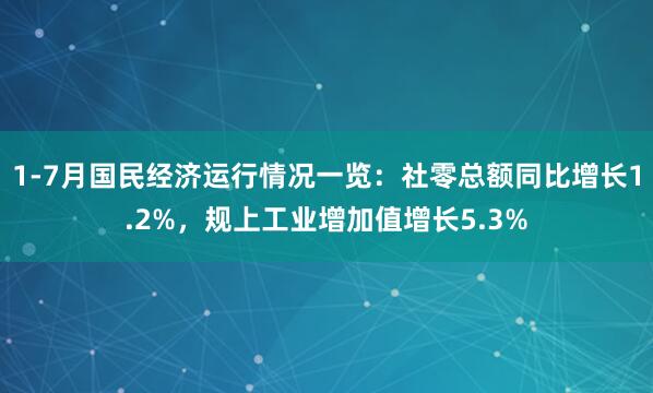 1-7月国民经济运行情况一览：社零总额同比增长1.2%，规上工业增加值增长5.3%